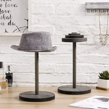 Rustic Stack-Up Style Tabletop Gray Wood Hat Wig Display Stands, Set of 2
