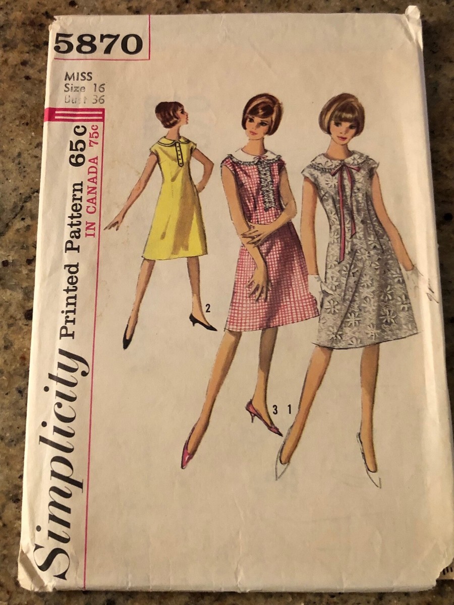 1965 SIMPLICITY #5870-LADIES (3 STYLE) A-LINE CAP SLEEVE DRESS PATTERN  16 FF | eBay