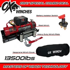 OX ELECTRIC WINCH COMBO DEAL 13500lb 12v STEEL ROPE  & MOUNTING PLATE - RED