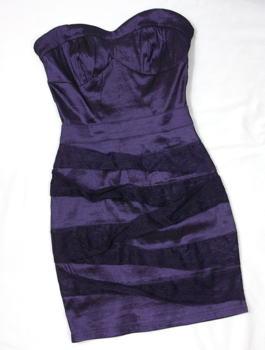 Mandee Purple Stretch Bodycon Lacey Lace Purple Satin Strapless Mini Dress  Sm | eBay