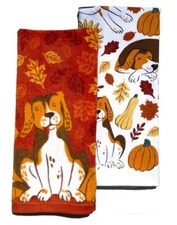 Celebrate Fall Dog Pumpkin in Leaves Kitchen Terry Tea Towels 2-pk. Cotton