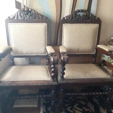 VINTAGE ROCOCO CARVED WALNUT ROPE TWISTED THRONE ARM CHAIR PADDED SEAT  1 or 2
