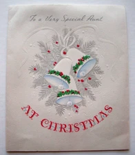 Holly bells embossed vintage Christmas greeting card *TT18