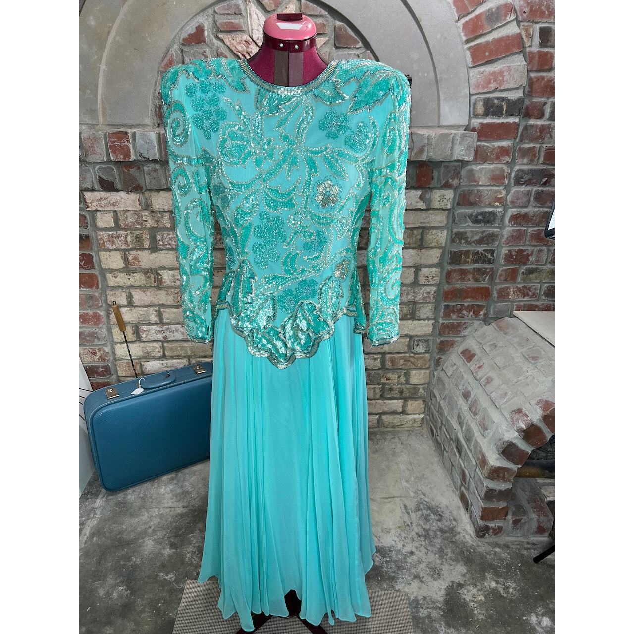 Elegant Blue Beaded Silk Swing Dress with Shoulder Pads-image