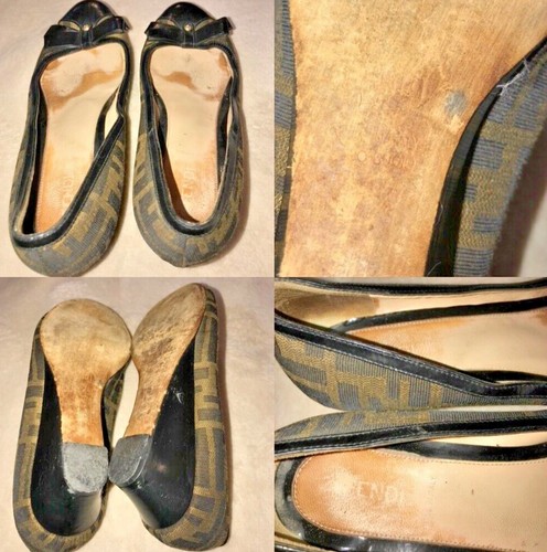 Authentic Fendi Brown Zucca Canvas Round-toe with Bow wedge size 37 - Picture 9 of 9