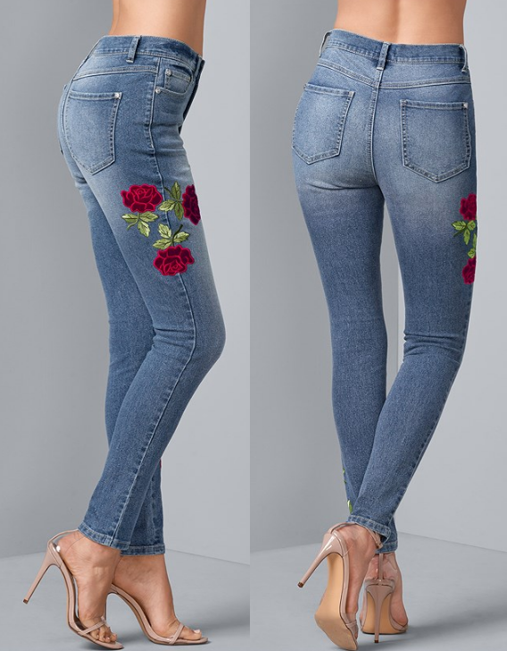 Venus Medium Wash Stretch Denim Skinny Jeans w/Velvet Rose