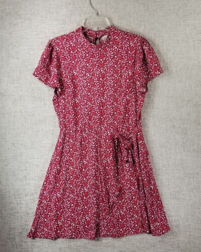 ROWA Tie Waist Floral Dress Women's **M-XL High Neck Short Sleeve Red NWT