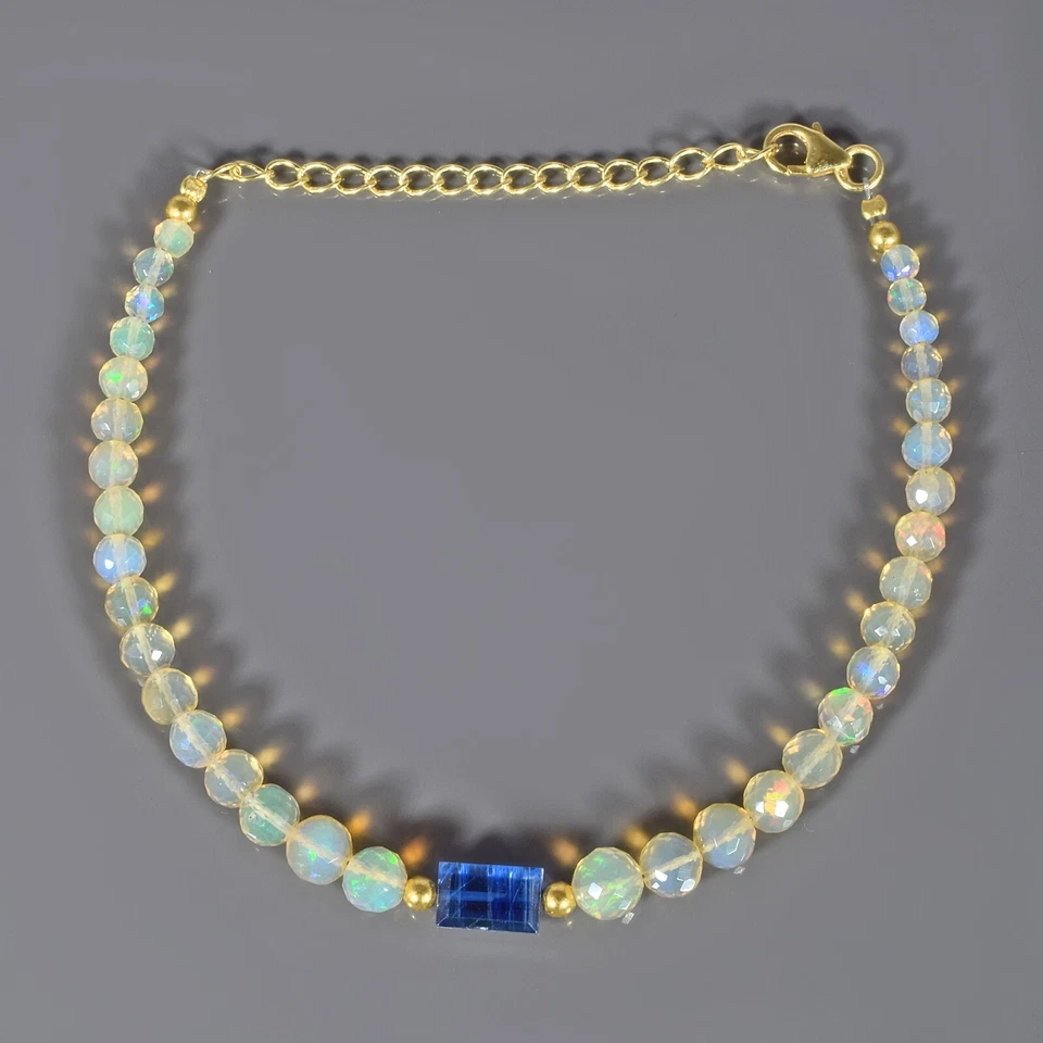 Pulsera hecha a mano de plata 925 con cadena de cuentas redondas de ópalo de fuego natural y cianita azul Foto 2 de 4
