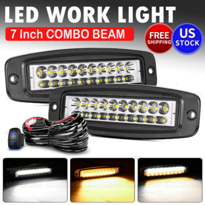 2x 7'' Flush Mount LED Work Light Bar Spot Flood Pods Driving Reverse+ Wiring Kit