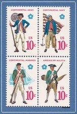 Scott #1565-68 Continental Military Uniforms 10c (Block of 4) 1975 Mint NH