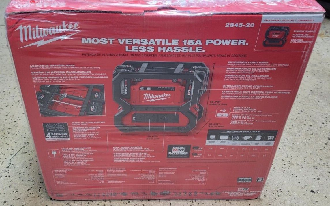 Milwaukee M18 CarryOn 3600W/1800W Power Supply Generator Charger 2845