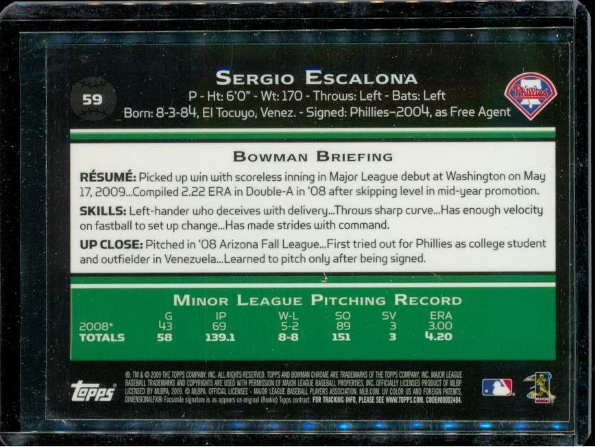 2009 Baseball Card TOPPS Bowman Chrome #59 SERGIO ESCALONA Philadelphia Phillies - Image 2 of 2