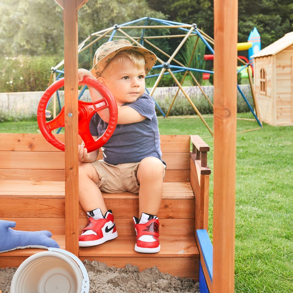 Sandkasten Holz Dach Sandbox Sandkiste Sitzbank Boot Piratenboot Sand Garten