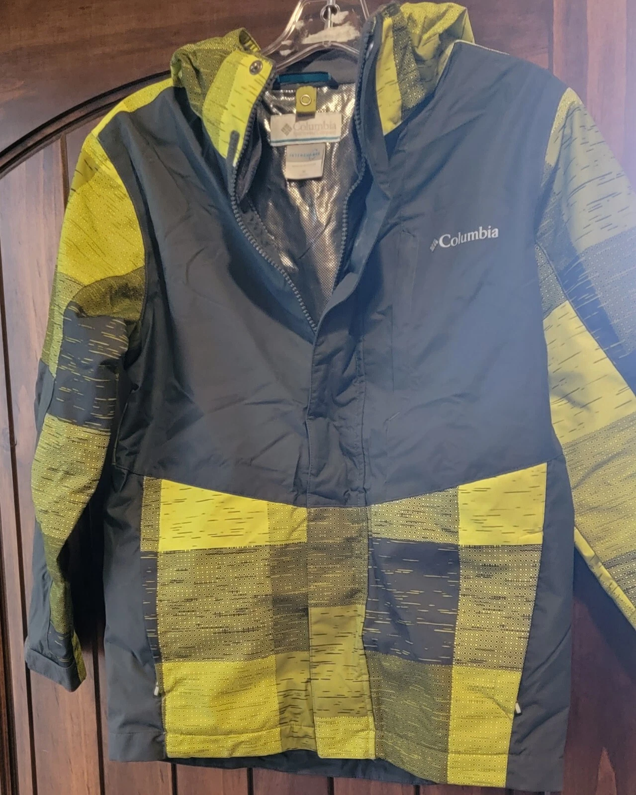 Columbia Boys Youth Jacket Medium 10 12 Yellow Grey Plaid Winter Snow Rain Inter