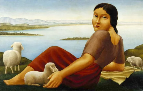 Georg Schrimpf "Girl with Sheep; Madchen mit Schafen" Brown Artwork Fine Art