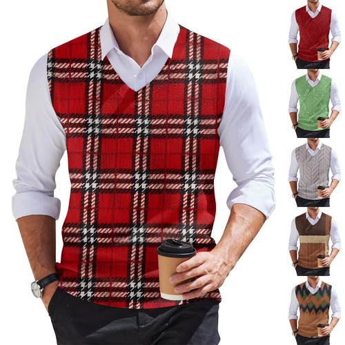 Men's Fashion Printed V-Neck Vest Sleeveless Knitted Pullover