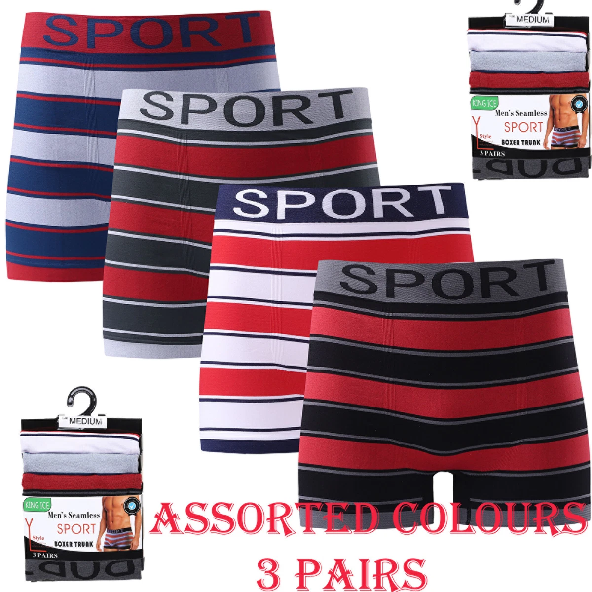 Boxer Shorts Underwear Sport Stripe Men's Seamless Assorted Colour