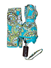 Vera Bradley Peacock Pattern Teal Blue Lime Mini Umbrella AutoOpen Compact