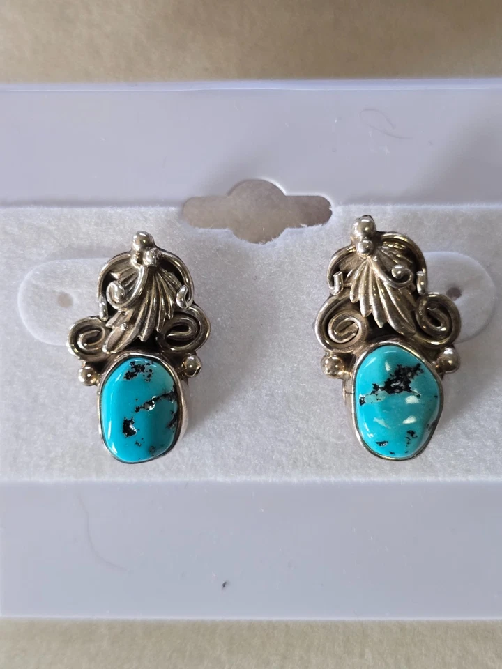 Brincos postes turquesa genuínos (assinados) nativos americanos, prata esterlina - Imagem 3 de 4