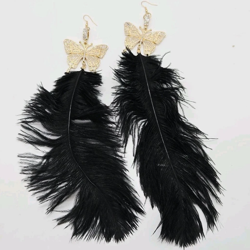 Black Feather Earrings Butterfly Crystal Accent Gold tone Bohemian Long 10 in - Image 3 of 4