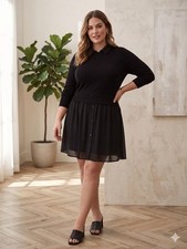 Torrid Size 1 Dress Black Sweater Knit Chiffon Skirt Peter Pan Collar Button 1X