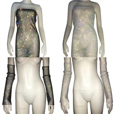 Women Rhinestones Fishnet Mini Bodycon Dress Crystal Fingerless Gloves Clubwear