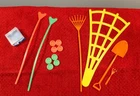VTG 1970s Barbie Shuffleboard Court Cues, Pucks, and Garden Equipment
