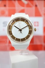 New Limited Swiss Swatch SILIWHIT SUOW158 41mm White Gold Silicone Strap