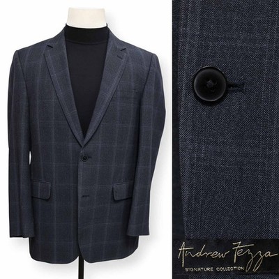 ANDREW FEZZA mens blue gray WINDOWPANE sport coat suit jacket blazer 40 R