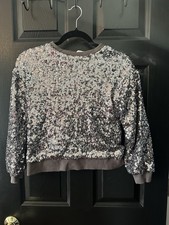 Girls Silver Sequined Sweater Sz 10 Comfort Collar Cuffs Holidays Party Sparkle