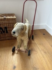 GORGEOUS ANTIQUE PUSH ALONG TERRIER DOG ON WHEELS BY TRI-ANG