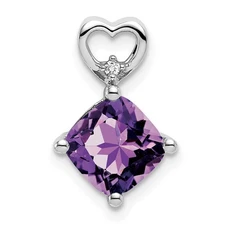 14k White Gold 7mm Cushion February/Amethyst & Diamond Heart Chain Slide Pendant