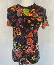 JOHNNY WAS Sz XS Janie Favorite Jenny Love Black Floral Short Slv Crew Tee Shirt