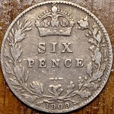 1909 King Edward VII Silver Sixpence tanner 6d, 2.8 grams Sterling Silver