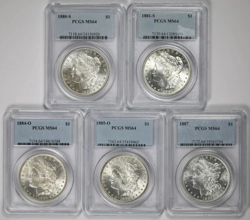 Lot 5 Coins Different Date Morgan Dollar Silver $1 MS 64 PCGS