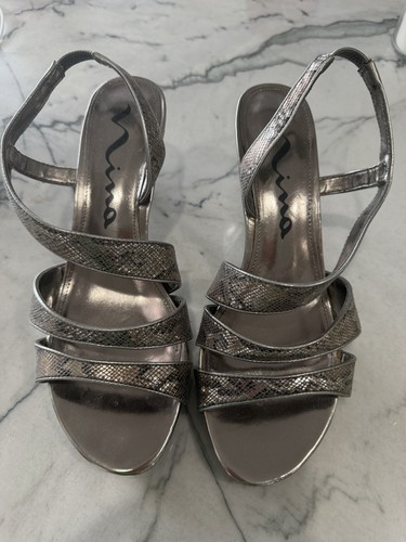 Nina Women’s Silver Synthetic Strappy Open Toe Stiletto Buckle Heels 9.5