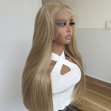 Women Ash Blonde Long Straight Heat Resistant Synthetic Hair Lace Frontal Wigs