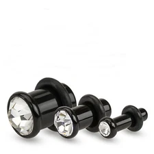 PAIR-Clear Gem Black Acrylic Single Flare Ear Plugs 03mm/8 Gauge 