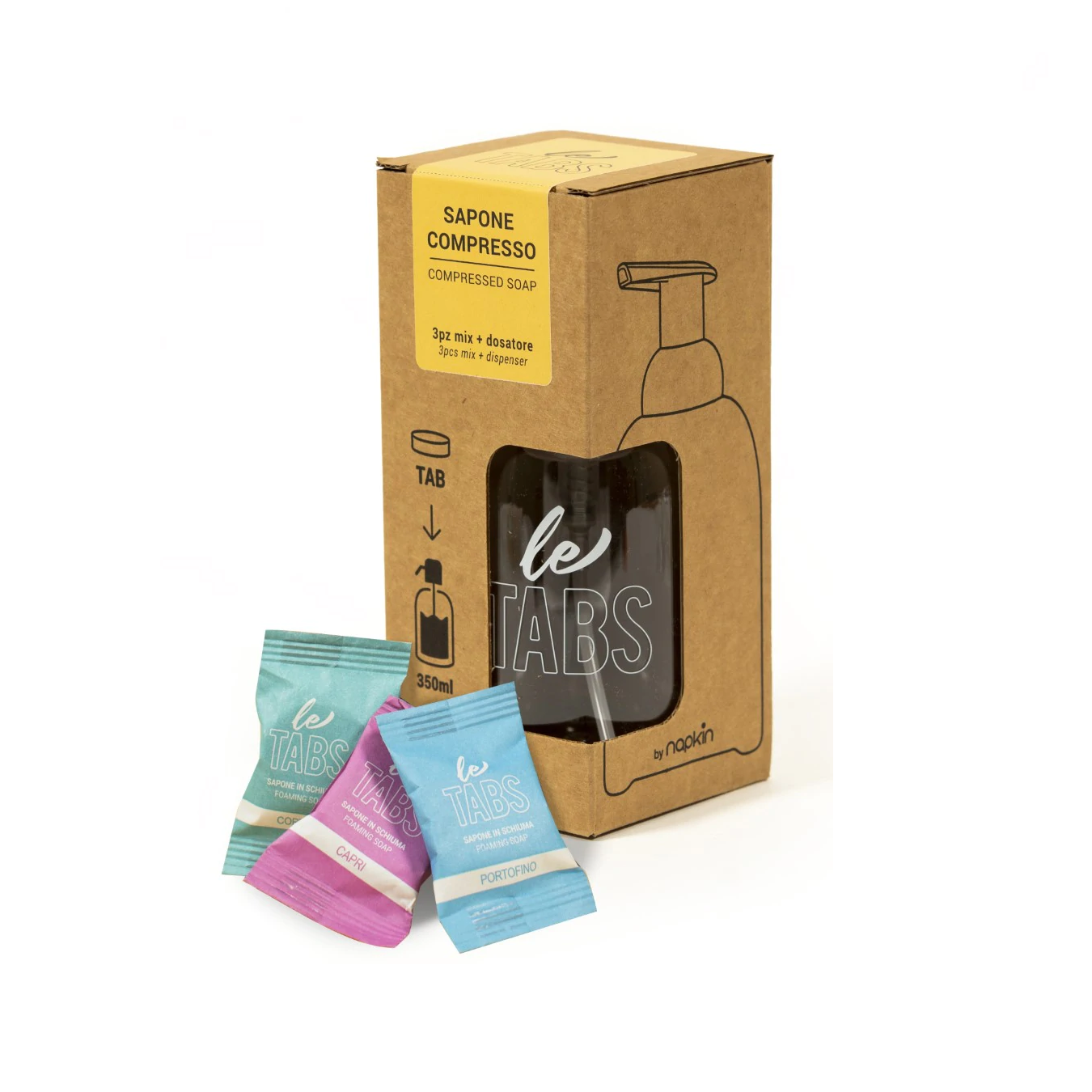 LE TABS SAPONE COMPRESSO STARTER KIT 3 PEZZI MISTI DI SAPONE + DOSATORE 350ml