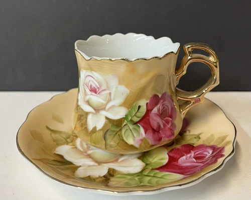 Vintage Lefton Rose Cup and Saucer white/pink roses/gold trim Hand painted Japan