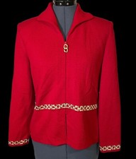 ST JOHN Collection Red Santana Knit Gold Chain Zip Up Jacket Old Money Luxury 4