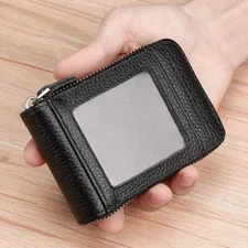 Men Leather Credit Card Holder RFID-Blocking Zipper Pocket Wallet with ID Window