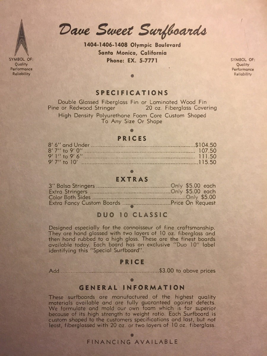 Buy Dave Sweet Surfboards“price List”1960-70 Santa Monica/venice