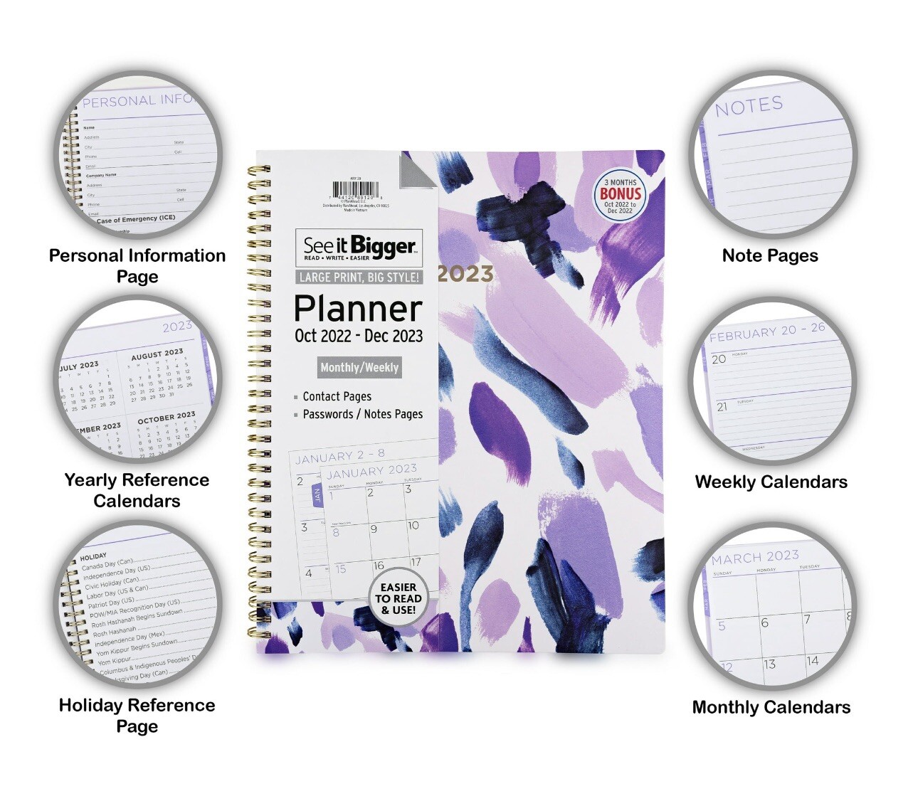Planahead see it bigger 2023 large print monthly planner 11x9 contacts