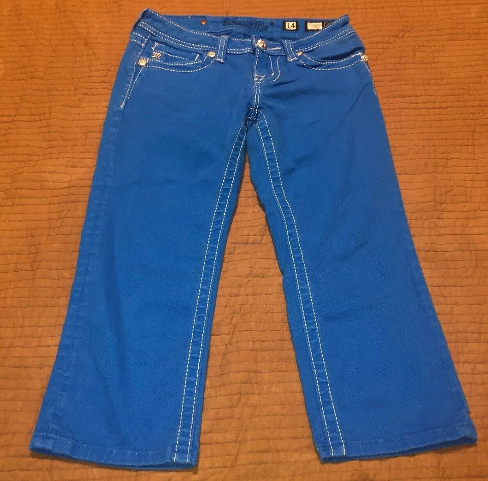 Pantalones capri azul brillante Miss Me Girls talla 14 bling bolsillo cruz Foto 3 de 4