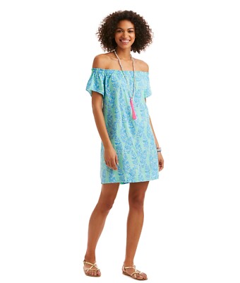 NWT Vineyard Vines Linen Blend Blue Green Palm Print Off Shoulder Dress  LARGE | eBay