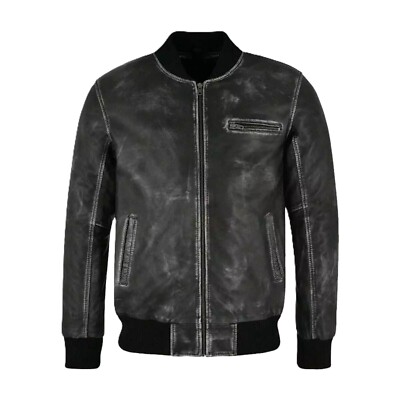 Men's Vintage Black Bomber Jacket Genuine Leather Rubb off finish Retro Jacket