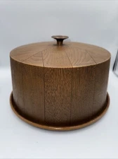 Vintage Mid Century Faux Wood Cake Carrier With Copper Handle MCM 13” X 7”