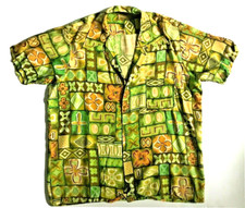 Vintage 60s KAMAWHANEE Mens Green Rayon Silky Hawaiian Floral Aloha Shirt sz L