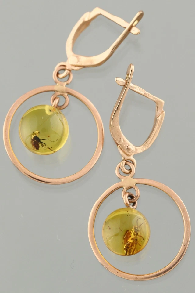 Pendientes Cuentas Redondas ÁMBAR BÁLTICO ORO 14K Fósil INSECTOS 2.5Gg 240118-3 Genuino Foto 2 de 4